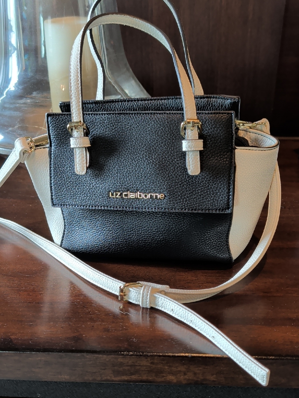 Liz Claiborne Black and Cream Pebbled Mini Satchel